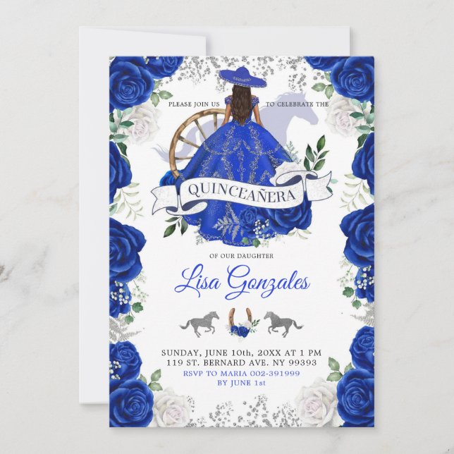 Invitación Rosas Royal Blue del Oeste Charra Quinceañera (Anverso)