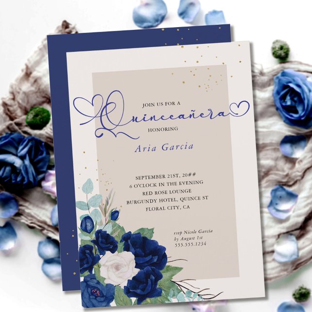 Invitación Rosas Royal Blue e Ivory Elegante Quinceanera (Subido por el creador)
