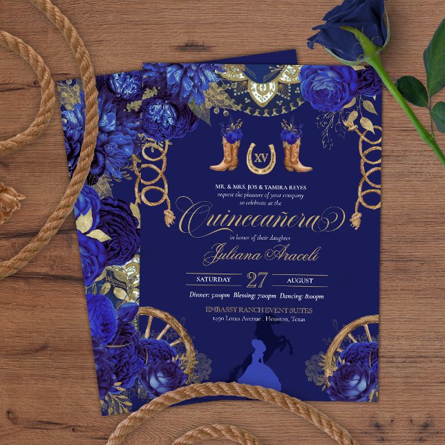 Invitación Rosas Royal Blue Elegante + Charro de Oro Quincean (Subido por el creador)