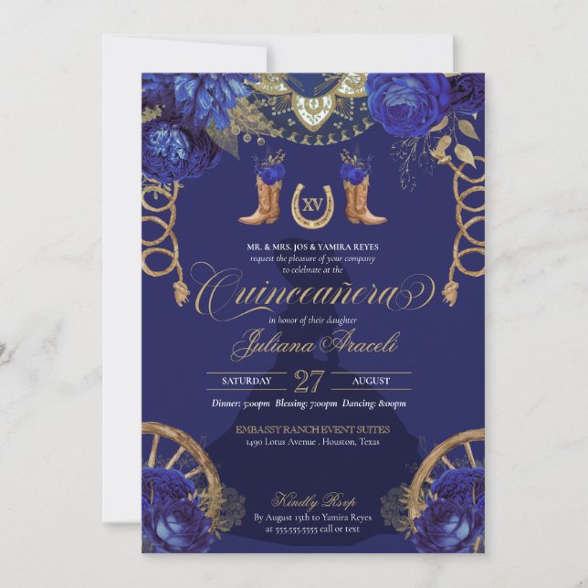 Invitación Rosas Royal Blue Gold Charro Western Quinceanera (Anverso)