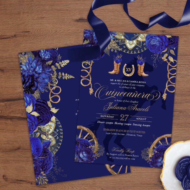 Invitación Rosas Royal Blue Gold Elegant Charro Quinceanera (Subido por el creador)