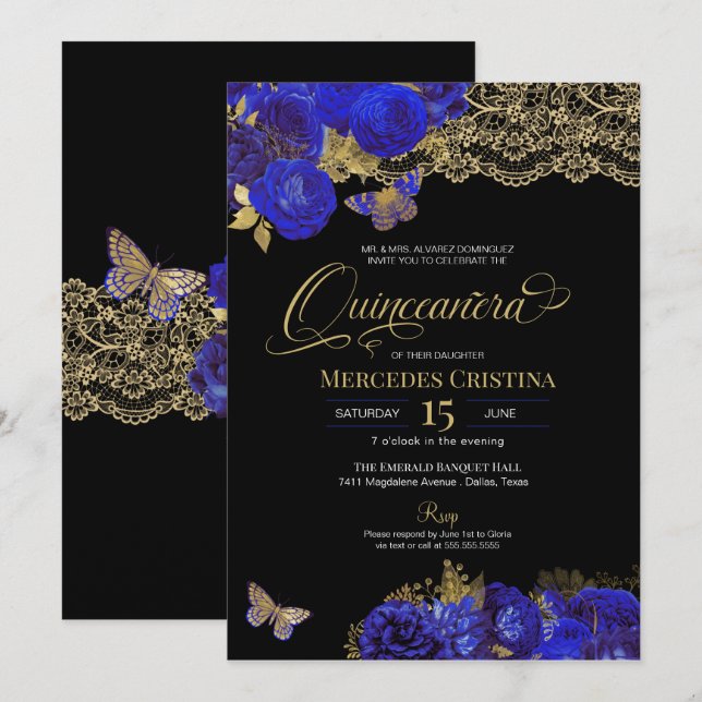 Invitación Rosas Royal Blue & Gold Mariposa Quinceañera (Anverso / Reverso)