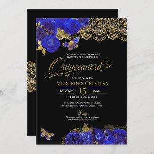 Invitación Rosas Royal Blue & Gold Mariposa Quinceañera