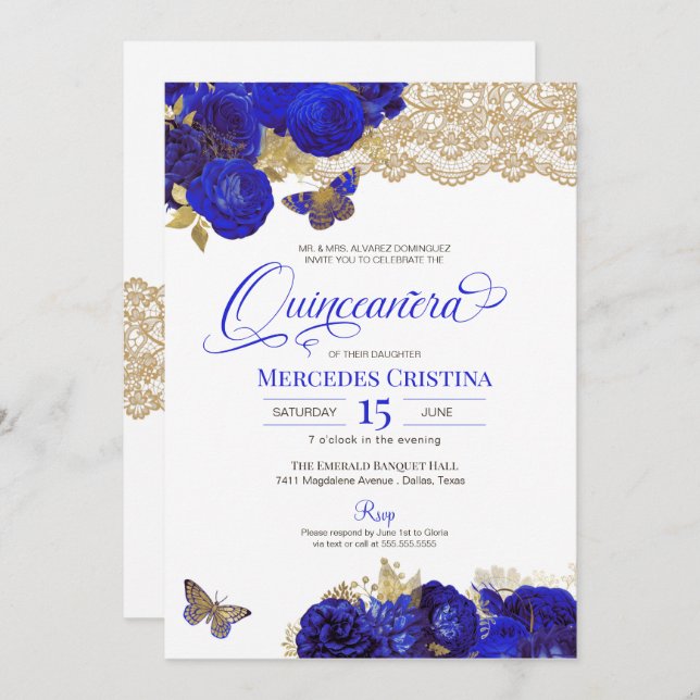 Invitación Rosas Royal Blue & Gold Mariposa Quinceañera (Anverso / Reverso)