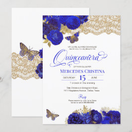 Invitación Rosas Royal Blue & Gold Mariposa Quinceañera