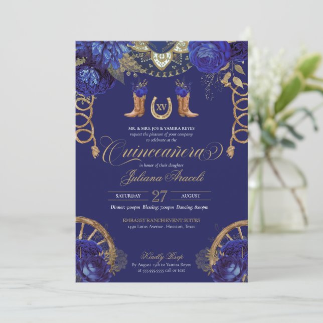 Invitación Rosas Royal Blue Gold País Quinceanera Occidental (Anverso de pie)