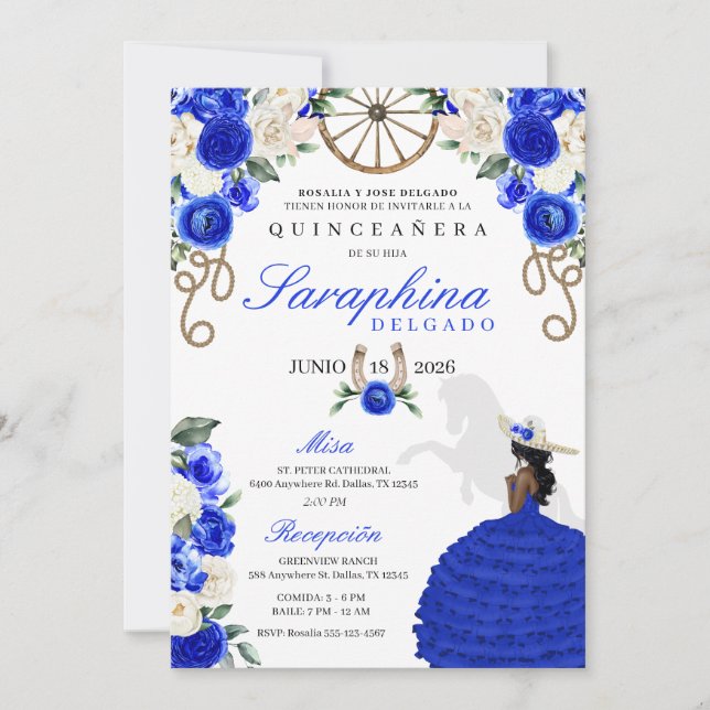 Invitación Rosas Royal Blue & Ivory Quinceañera Occidental (Anverso)