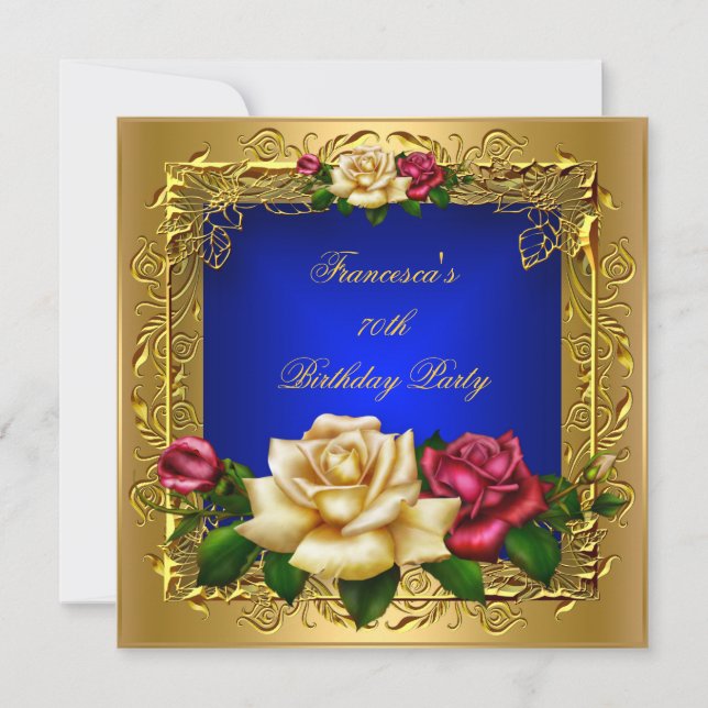 Invitación Rosas Royal Blue Red Cream Dorado Elegante Cumplea (Anverso)