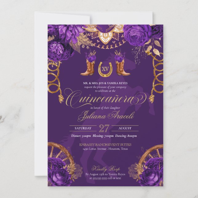 Invitación Rosas Royal Purple Gold Elegante Charro Quinceaner (Anverso)