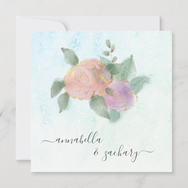 Invitación *~* ROSAS + RSVP QR Purpurina de oro - Boda AR12 (Anverso)