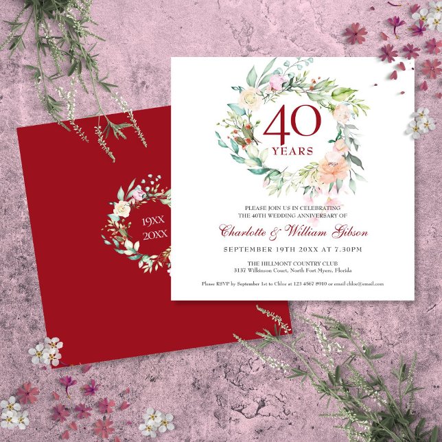 Invitación Rosas Rubí del Aniversario de Bodas número 40 Flor (40th Wedding Anniversary Ruby Roses Floral Invitation)