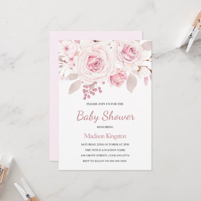 Invitación Rosas Rubor bellamente elegantes Baby Shower (Anverso/Reverso In Situ)