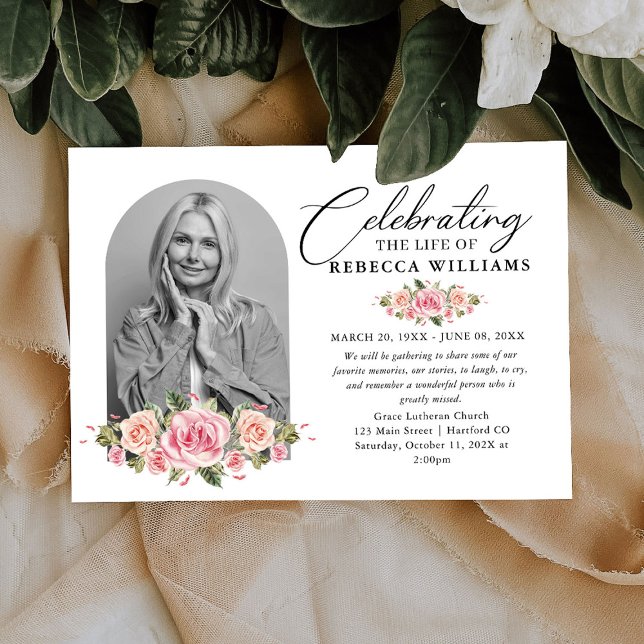 Invitación Rosas Rubor Caligraphy Celebración de la vida (Subido por el creador)