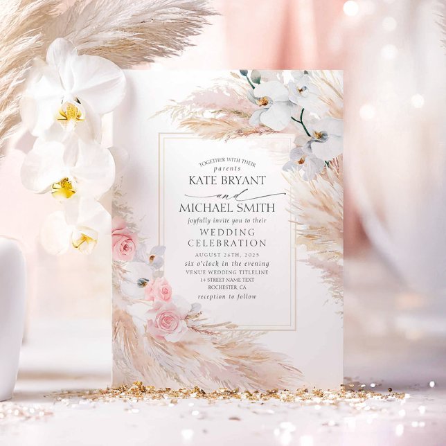 Invitación Rosas Rubor de orquídeas blancas y Boda de Grass d (Pampas Grass Boho Wedding Invitations)