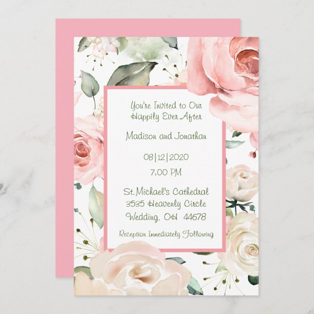 Invitación Rosas Rubor Watercolor Elegante Boda (Anverso / Reverso)