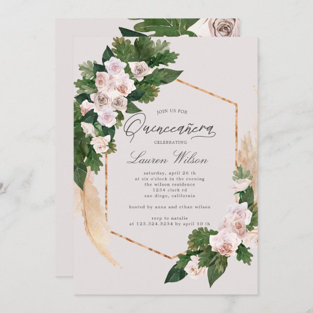 Invitación rosas ruborizados floral tropical Quinceanera Invi (Anverso / Reverso)