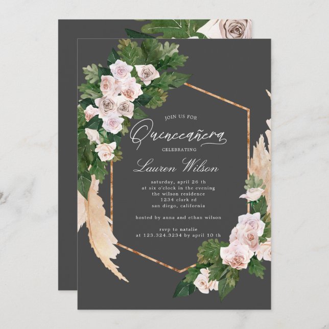 Invitación rosas ruborizados floral tropical Quinceanera Invi (Anverso / Reverso)