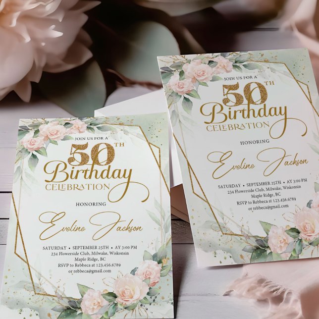 Invitación Rosas ruidosos de moda marco dorado eucalipto verd (Gold numbers blush roses and eucalyptus 50th birthday invitation digital )