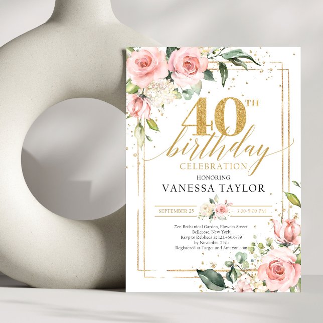 Invitación Rosas ruidosos eucalipto oro 40 años (Modern Boho blush pink floral gold glitter sparkles 40th birthday invitation digital)