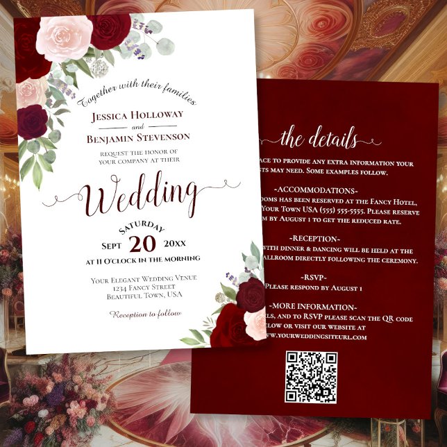 Invitación Rosas rusos de Boho Borgoña Rubor Boda de código Q (Front/Back)