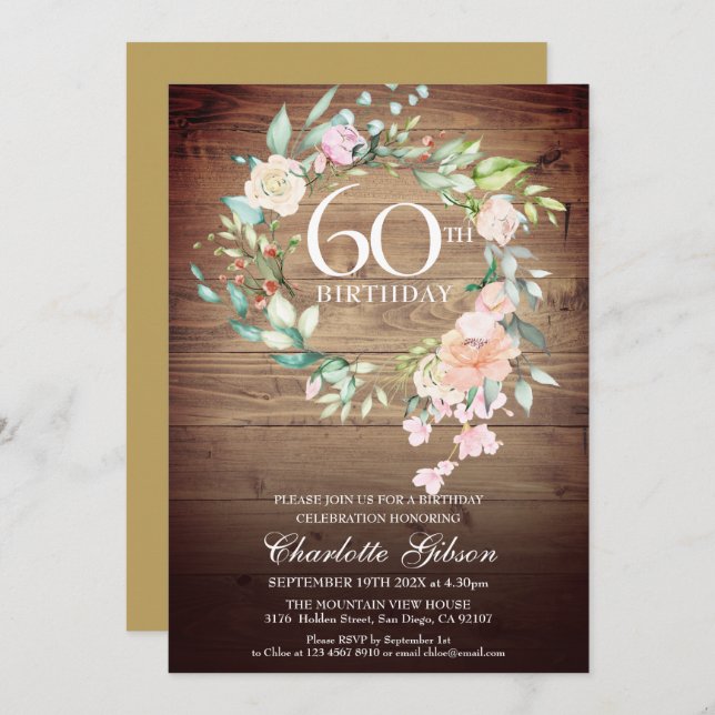Invitación Rosas rusos Garland Monograma 60 cumpleaños (Anverso / Reverso)