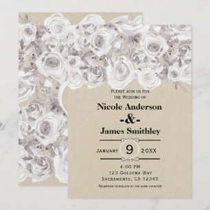 Invitación Rosas Rústicas Blancas de Invierno Kraft Boda