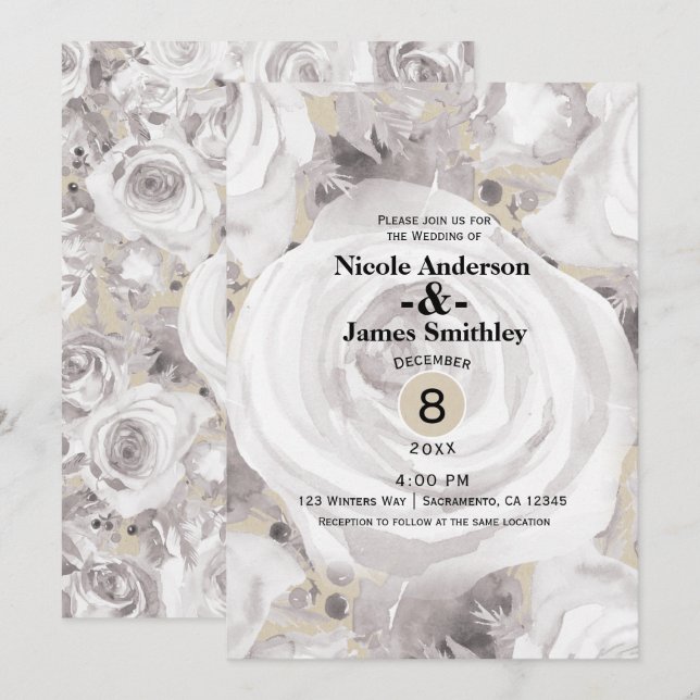Invitación Rosas Rústicas Blancas de Invierno para Boda Kraft (Anverso / Reverso)