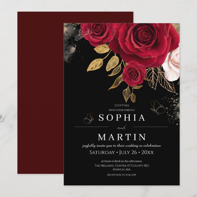 Invitación Rosas Rústicas & Bodas Florales Elegantes de Oro (Anverso / Reverso)