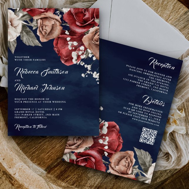 Invitación Rosas Rústicas Burgundy Código QR Boda Azul Marino (Subido por el creador)