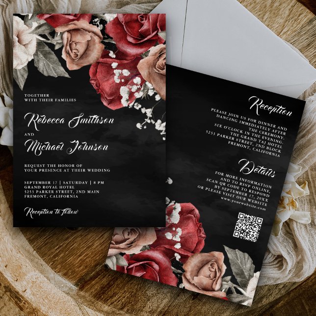Invitación Rosas Rústicas de Borgoña Código QR Boda Negra (Subido por el creador)