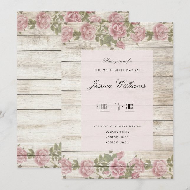 Invitación Rosas Rústicas En Madera Cumpleaños 25 (Anverso / Reverso)