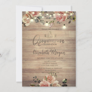 Invitación Rosas Rústicas Luces, Tiara, Diamantes Quinceañera