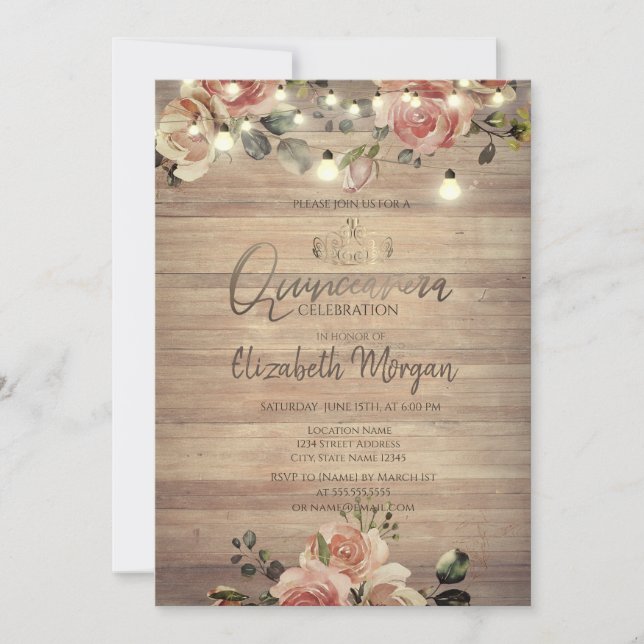 Invitación Rosas Rústicas Luces, Tiara, Diamantes Quinceañera (Anverso)