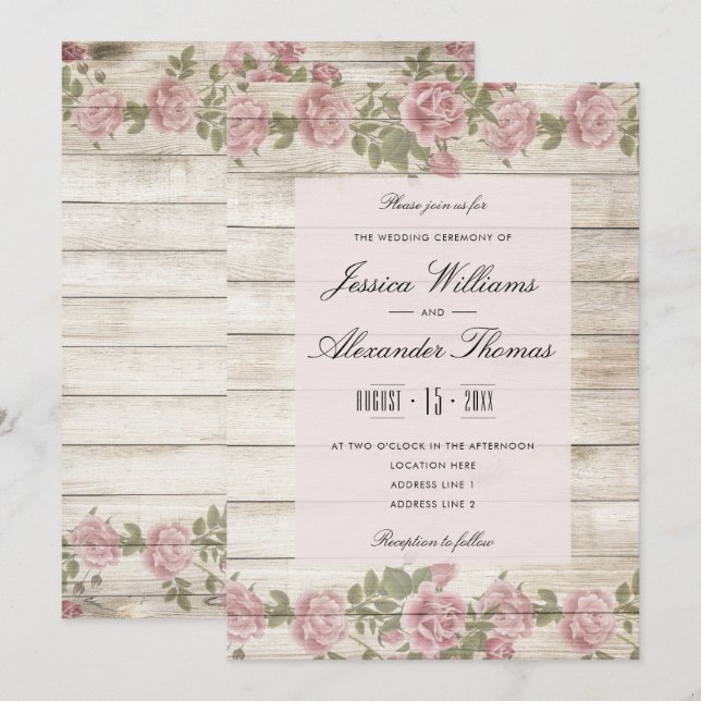 Invitación Rosas Rústicas Sobre Madera Ceremonia de Boda (Anverso / Reverso)