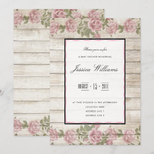 Invitación Rosas Rústicas y Baby Shower en Marco de Madera