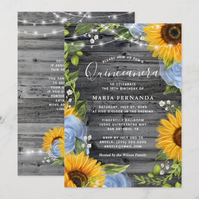 Invitación Rosas Rústicos Azules Sunflower Quinceanera (Anverso / Reverso)