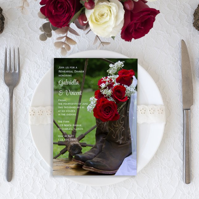 Invitación Rosas rústicos Cowboy Boots Boda ensayo Cena (Subido por el creador)