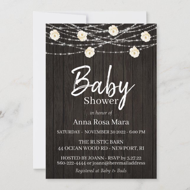 Invitación *~* Rosas Rústicos de las Flores de Madera Baby Sh (Anverso)
