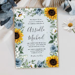 Invitación Rosas Rústicos de Sunflower Dusty Blue Country Bod<br><div class="desc">El diseño presenta un fondo polvoriento de grano de madera azul/gris con una corona de girasoles,  margaritas,  rosas en polvorientos tonos azules,  aliento del bebé sobre diversos tipos de elementos de color agua botánica.</div>