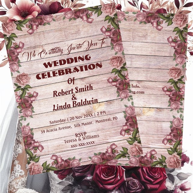 Invitación Rosas rústicos de Woodland celebran matrimonio flo (Rustic Woodland Roses Floral Country Wedding Invitation)