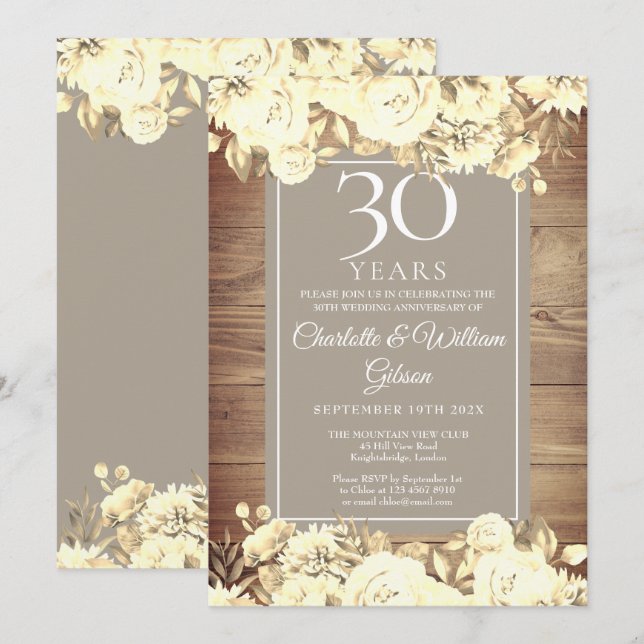 Invitación rosas Rústicos del 30° Aniversario del Boda (Anverso / Reverso)