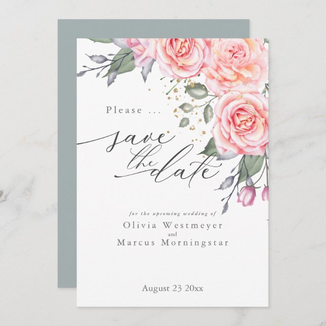 Invitación Rosas rústicos rosados de cabaña salvan la fecha (Anverso / Reverso)