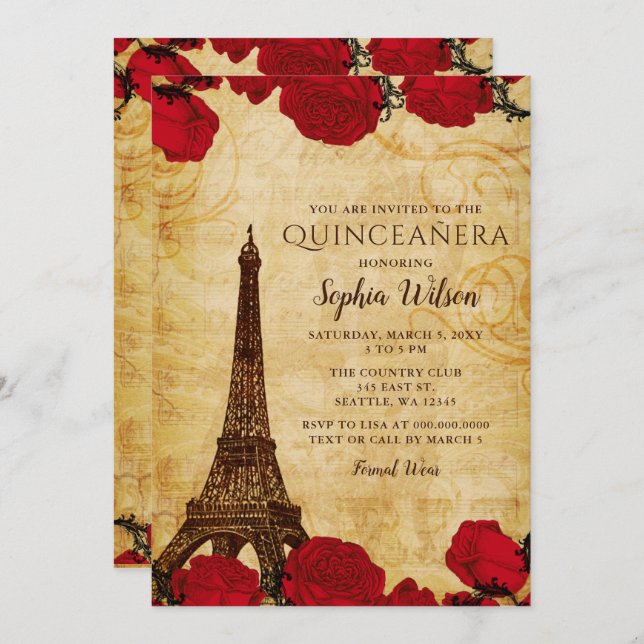 Invitación Rosas Rústicos Vintage Torre Eiffel Quinceañera (Anverso / Reverso)