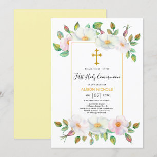 Invitación Rosas salvajes blancos floral amarilla Primera Com