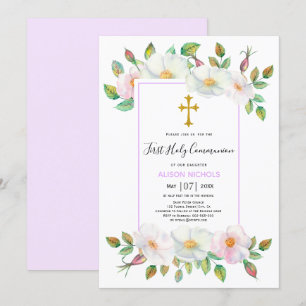 Invitación Rosas salvajes blancos lavanda floral Primera Comu