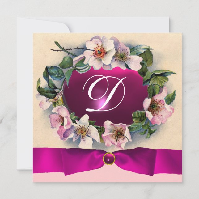 Invitación Rosas SALVAJES CON RIBBÓN ROSA, MONOGRAM (Anverso)