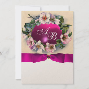 Invitación Rosas SALVAJES CON RIBBÓN ROSA, MONOGRAM Oro Metal