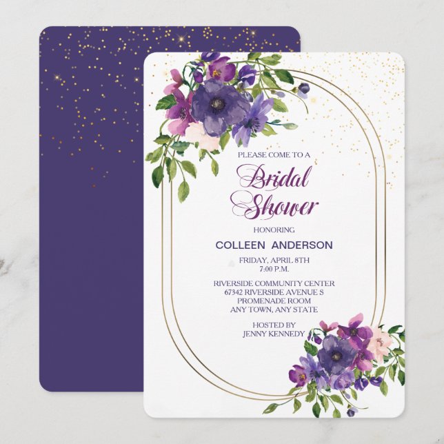 Invitación Rosas salvajes de violeta azul doble marco ducha d (Anverso / Reverso)