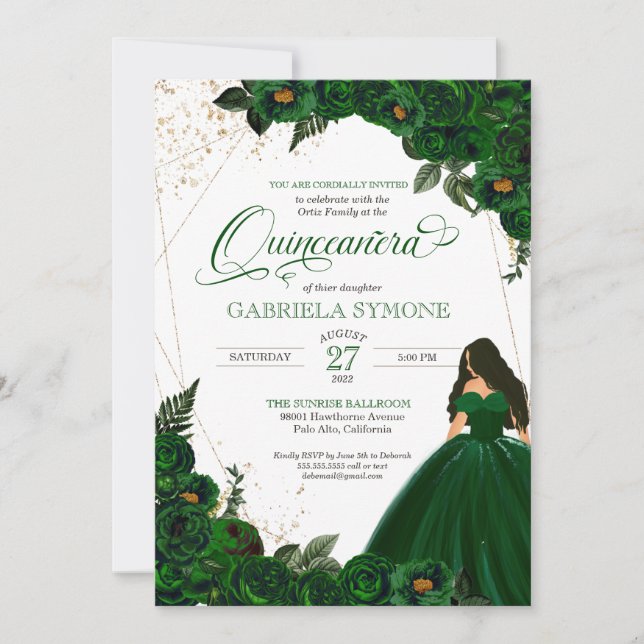 Invitación Rosas selectos verde esmeralda y 2 quinceanera (Anverso)