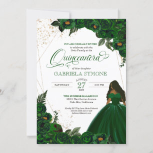 Invitación Rosas selectos verde esmeralda y 2 quinceanera